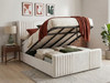 Front-opening cream velvet Pepita Ottoman bed lifted to display the spacious built-in storage compartment, featuring solid base boards to keep bedroom items off the floor